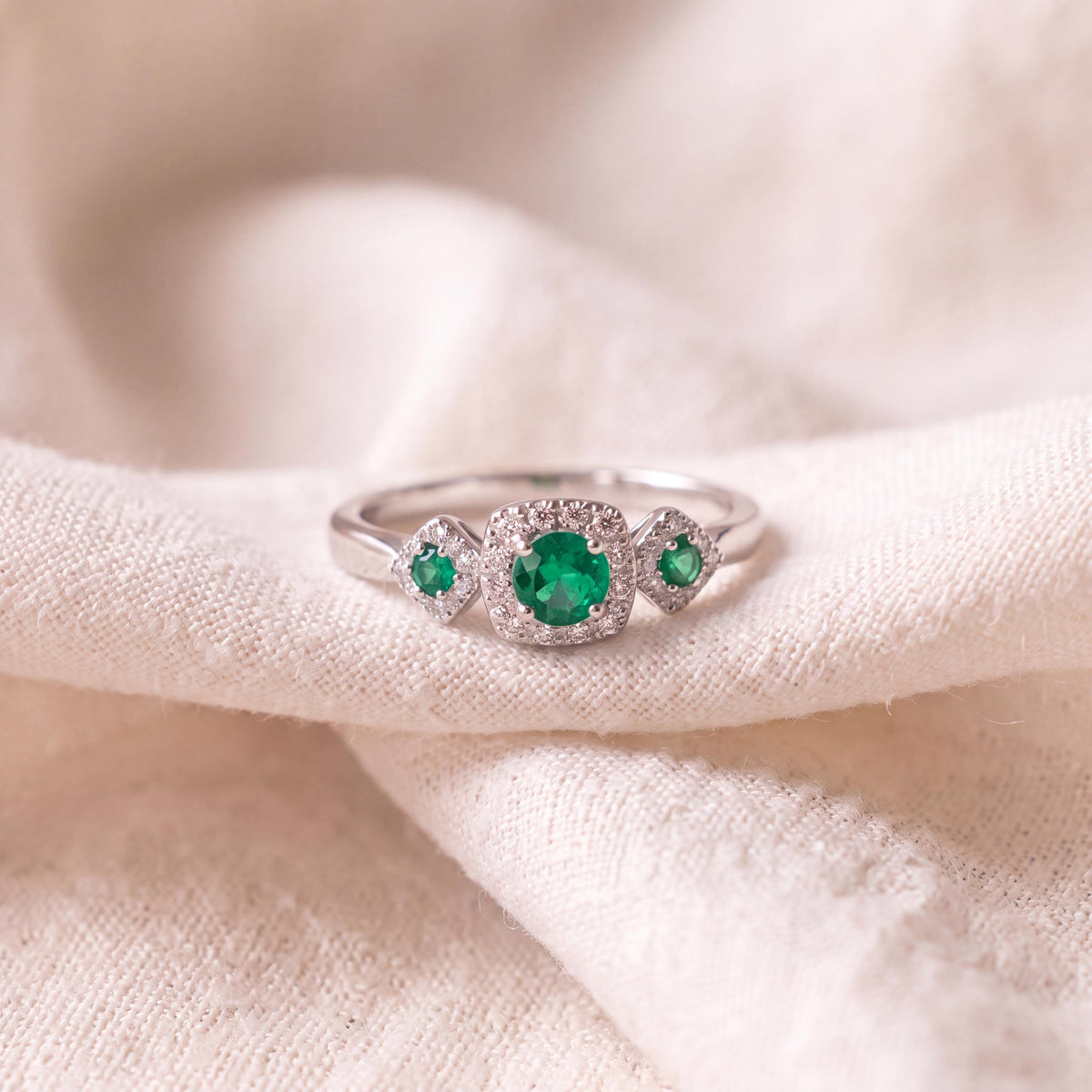 Genuine Emerald and Diamond Ring in 14k Solid White Gold
