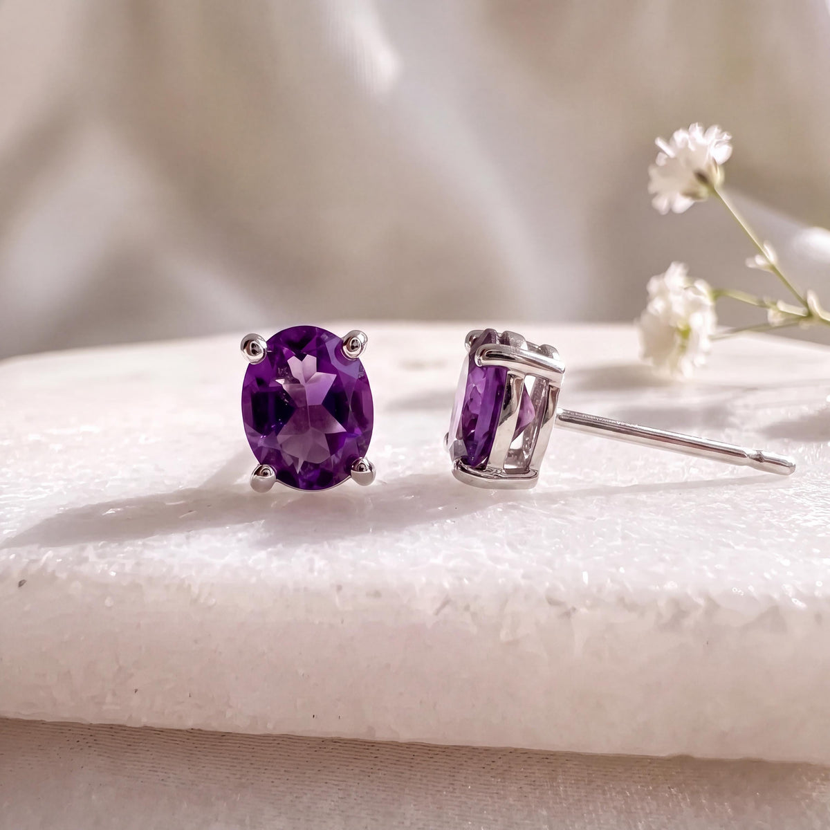 Genuine Amethyst Oval Cut Solitaire Stud Earrings, 14k Solid Gold, February Birthstone, Gift for Her