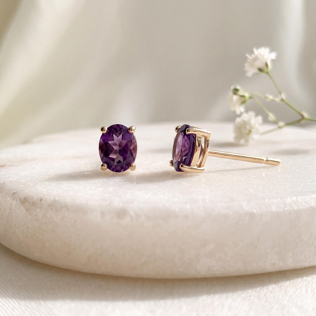 Genuine Amethyst Oval Cut Solitaire Stud Earrings, 14k Solid Gold, February Birthstone, Gift for Her