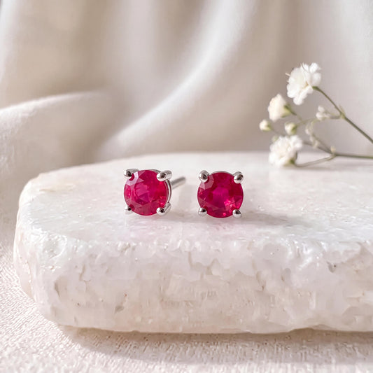 Genuine Ruby Round Cut Solitaire Stud Earrings, 3mm, 14k Solid Gold, July Birthstone