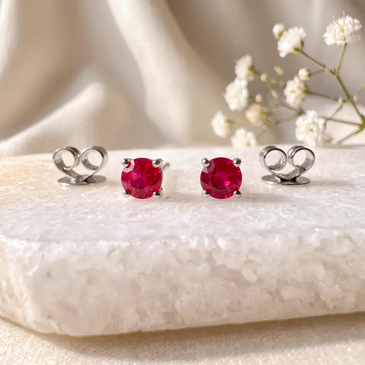 Genuine Ruby Round Cut Solitaire Stud Earrings, 3mm, 14k Solid Gold, July Birthstone