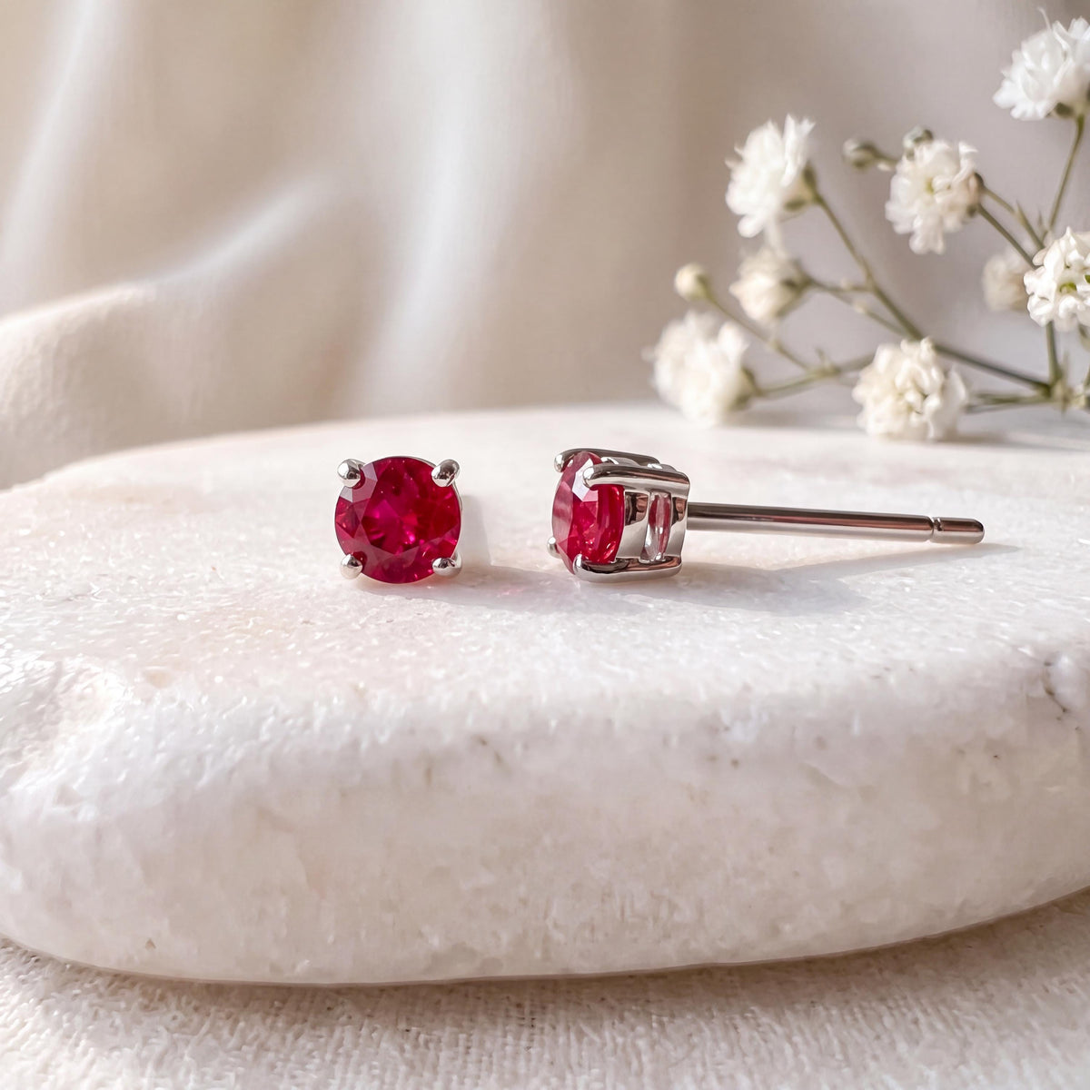 Genuine Ruby Round Cut Solitaire Stud Earrings, 3mm, 14k Solid Gold, July Birthstone