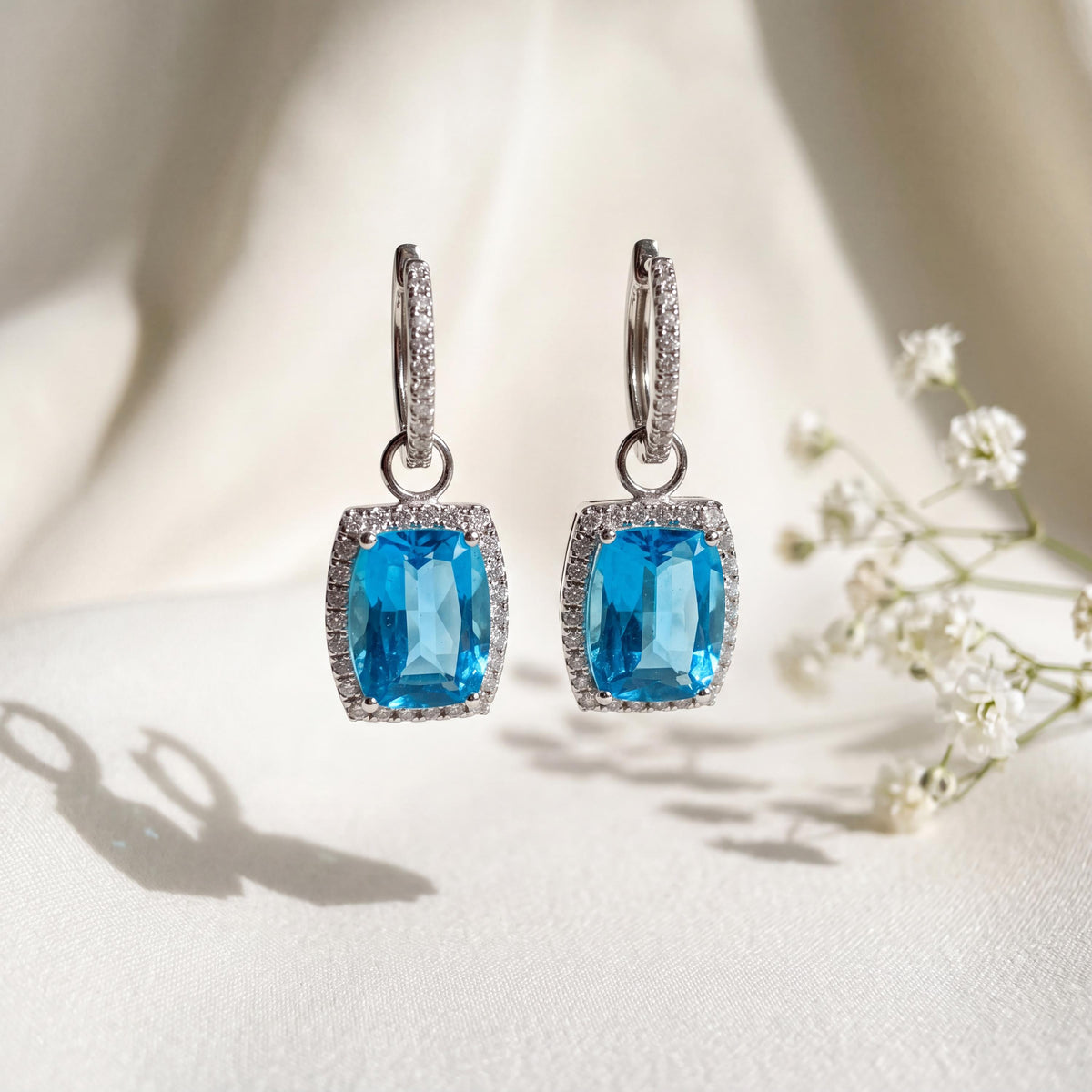 Genuine Blue Topaz and Diamond Hoops/Huggies in 14k White Gold