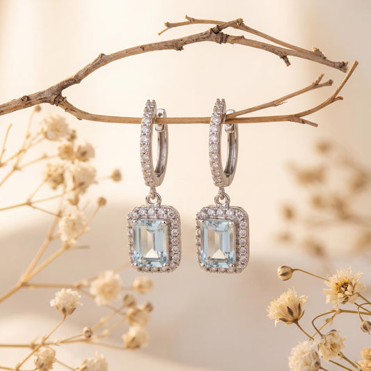 Genuine Aquamarine Emerald Cut Dangle Hoop Earrings in 14k Solid Gold