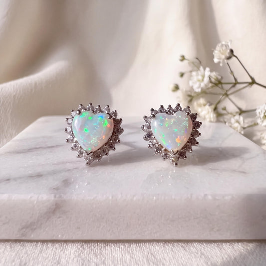 Genuine Opal and Diamond Heart Stud Earrings in 14k Solid Gold