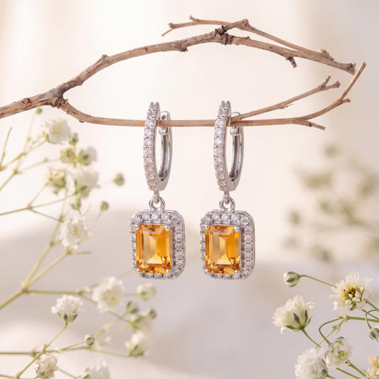 Genuine Citrine Emerald Cut Dangle Hoops, 14k Solid Gold, November Birthstone