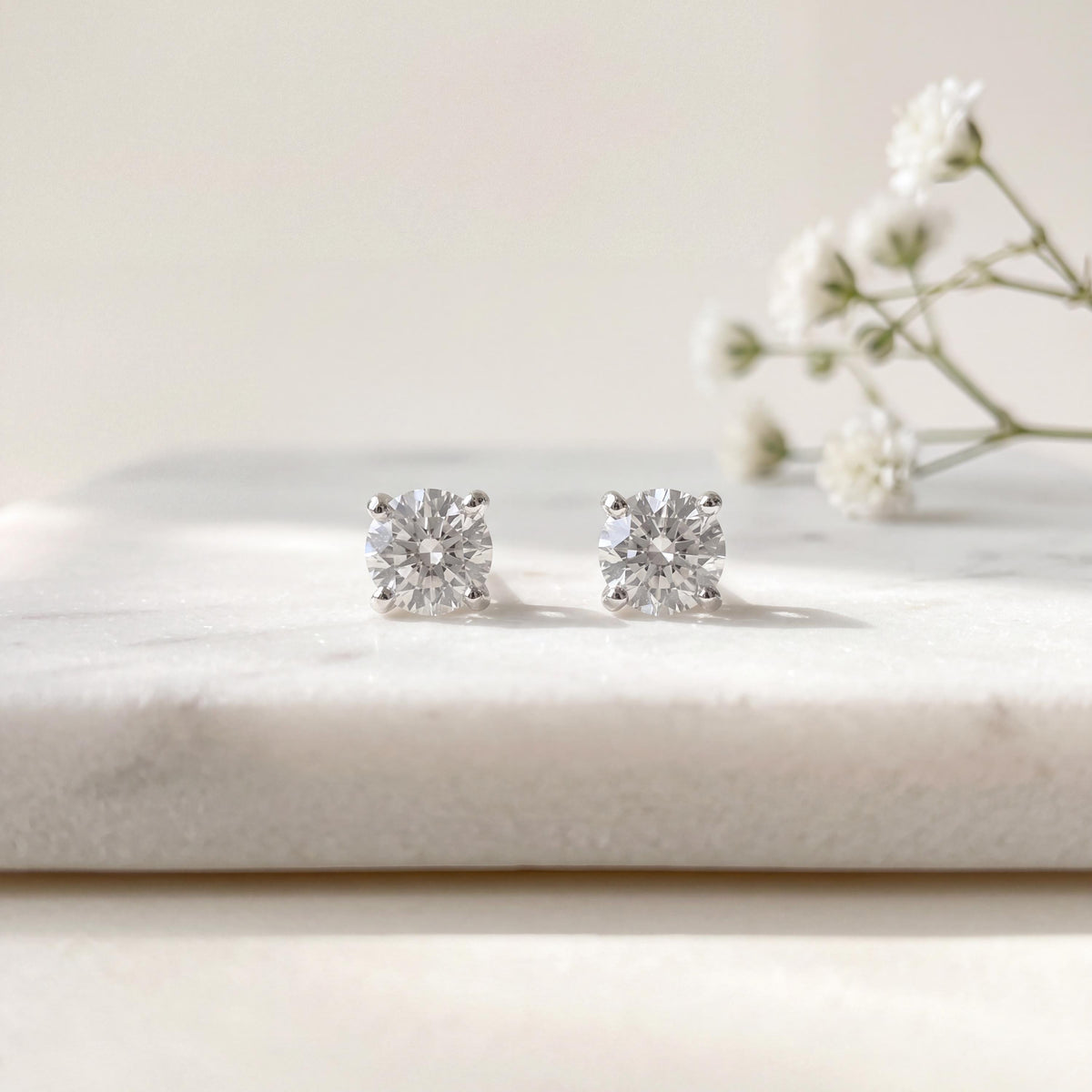 Genuine 3mm White Sapphire Round Cut Stud Earrings in 14k Solid Gold
