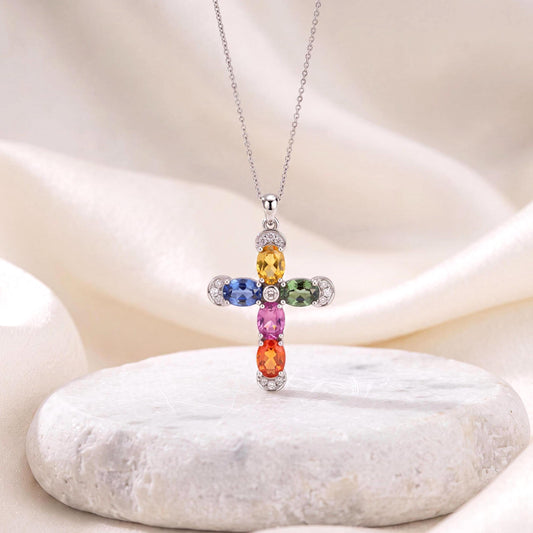 Genuine Rainbow Sapphire and Diamond Cross Pendant in 18k White Gold