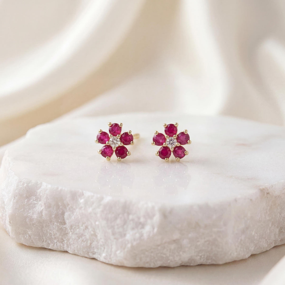 Genuine Ruby and Diamond Flower Stud Earrings / 14k Solid Gold