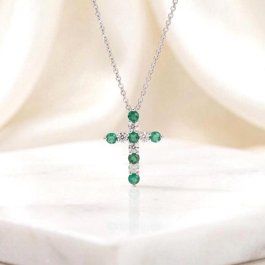 Genuine Emerald and Diamond Cross Pendant in 14k Solid White Gold