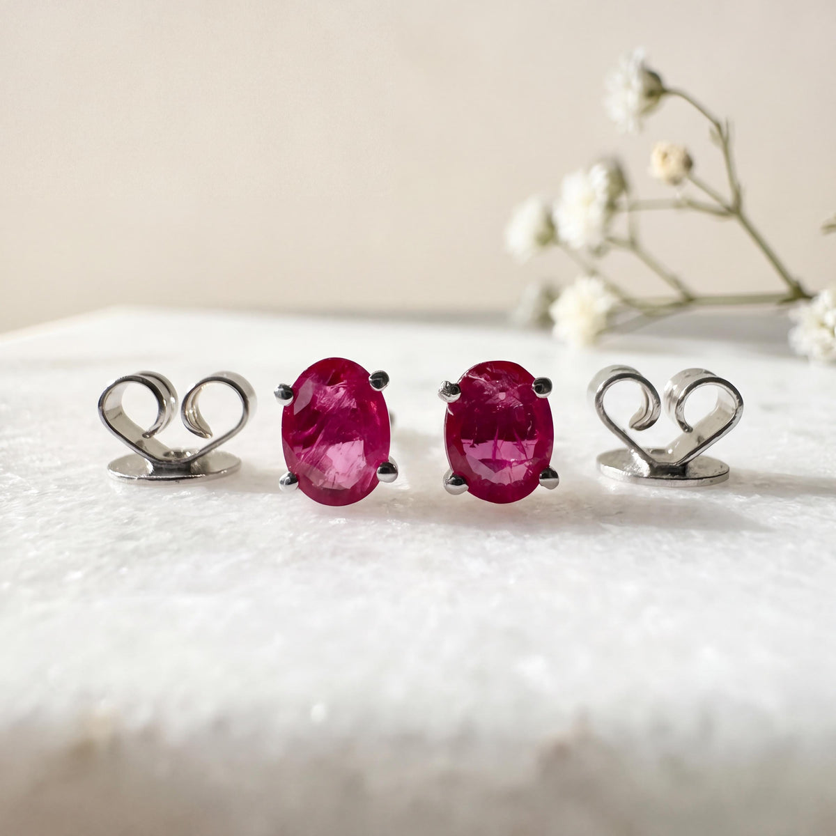 Genuine Ruby Oval Cut Stud Earrings in 14k Solid Gold