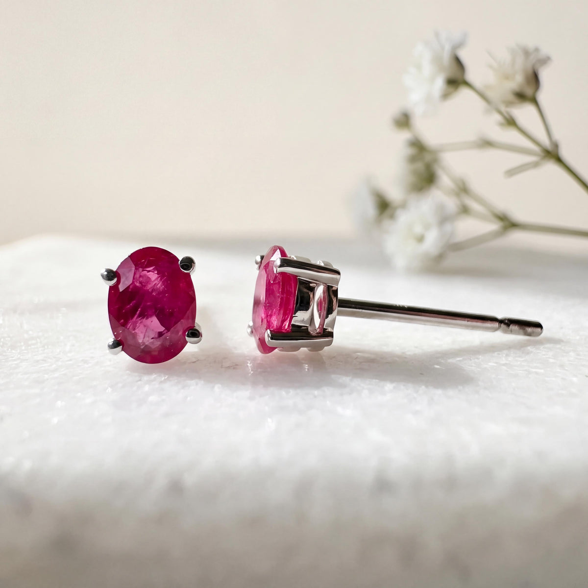 Genuine Ruby Oval Cut Stud Earrings in 14k Solid Gold