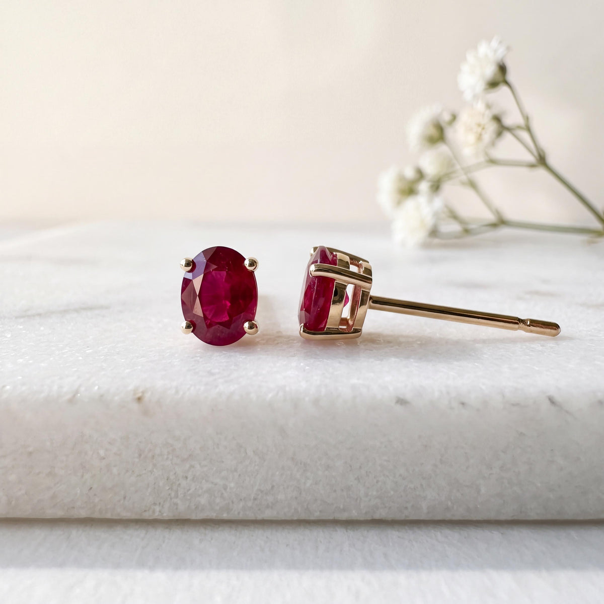 Genuine Ruby Oval Cut Stud Earrings in 14k Solid Gold