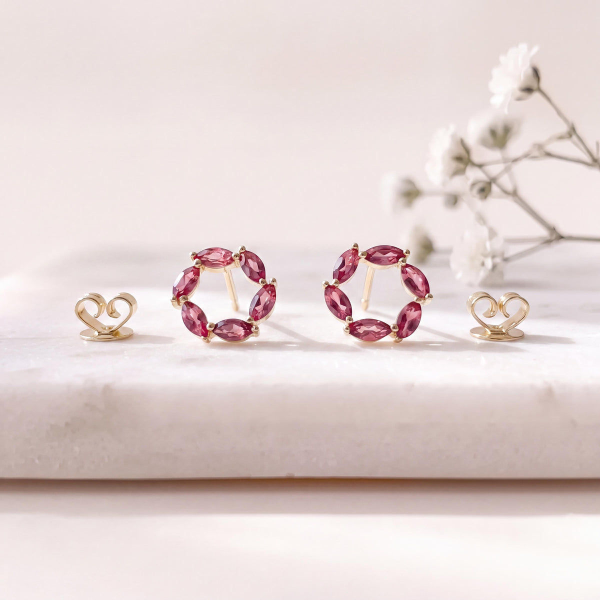 Genuine Marquise Tourmaline Halo Stud Earrings in 14k Solid Gold