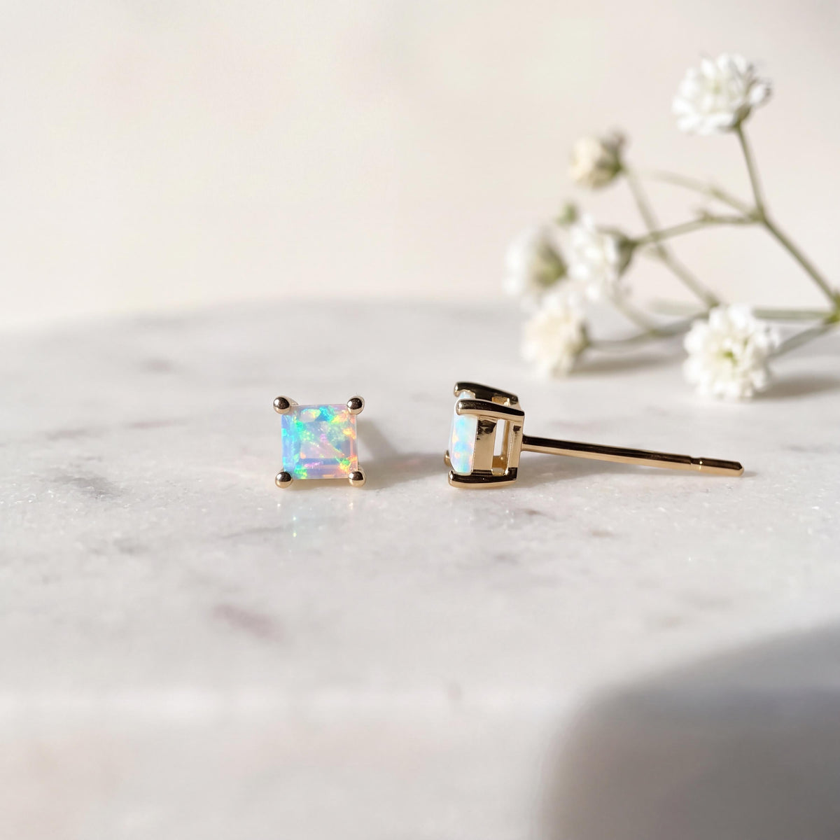 Genuine Opal 4mm Princess Cut Solitaire Stud Earrings / 14k Solid Gold