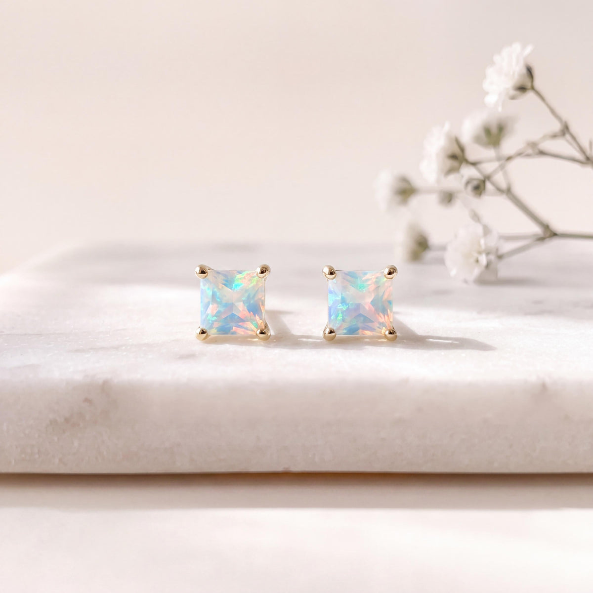 Genuine Opal 4mm Princess Cut Solitaire Stud Earrings / 14k Solid Gold