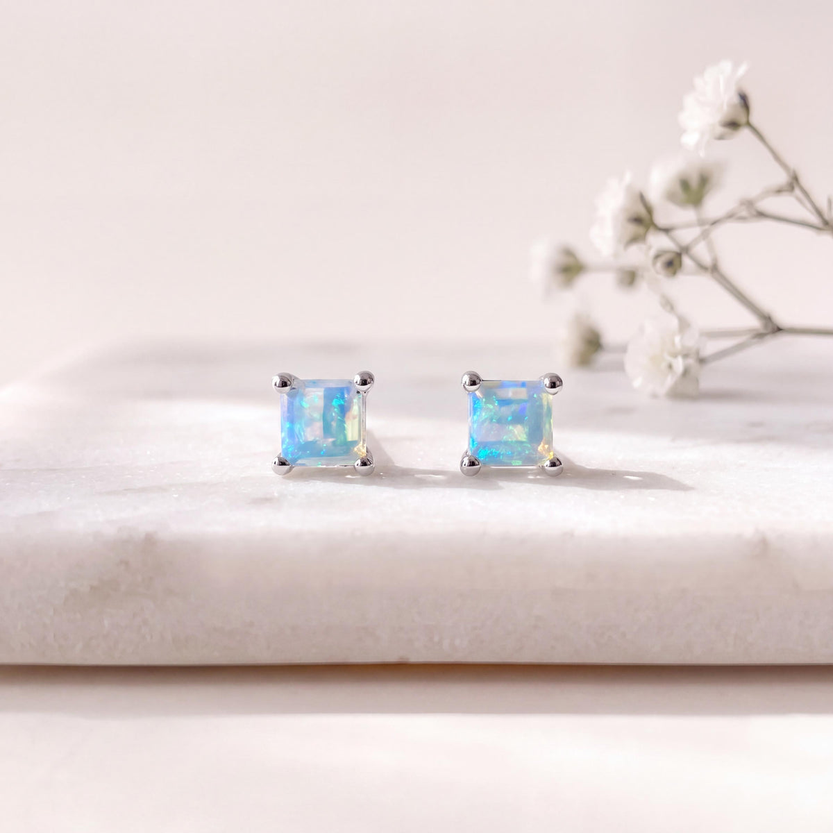 Genuine Opal 4mm Princess Cut Solitaire Stud Earrings / 14k Solid Gold