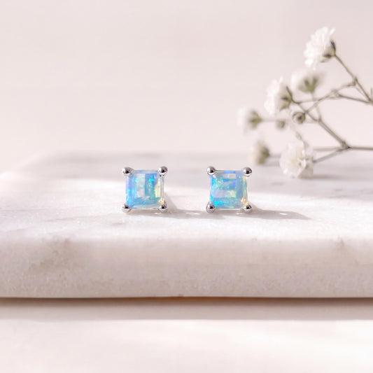 Genuine Opal 4mm Princess Cut Solitaire Stud Earrings / 14k Solid Gold
