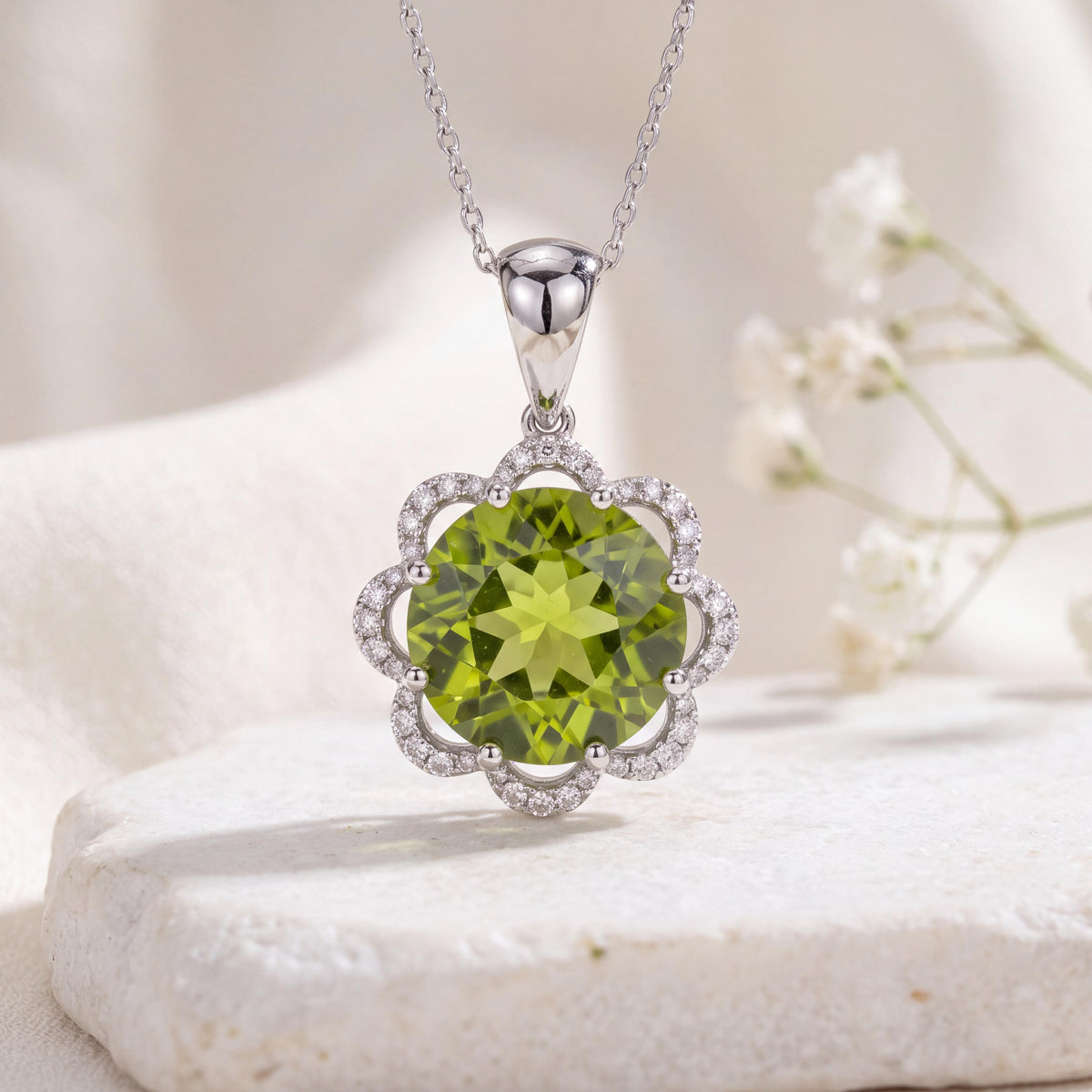 Peridot Diamond Pendant, Genuine 5.25cts Round Cut, 14k Solid White Gold Necklace, August Birthstone, Gift for Her
