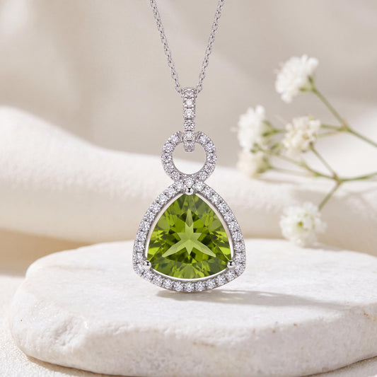 Genuine 4.52 ct Trilliant Peridot and Diamond Pendant in 18k Solid White Gold