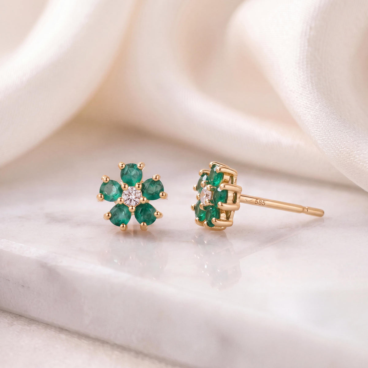 Genuine Emerald and Diamond Flower Stud Earrings in 14k Solid Gold