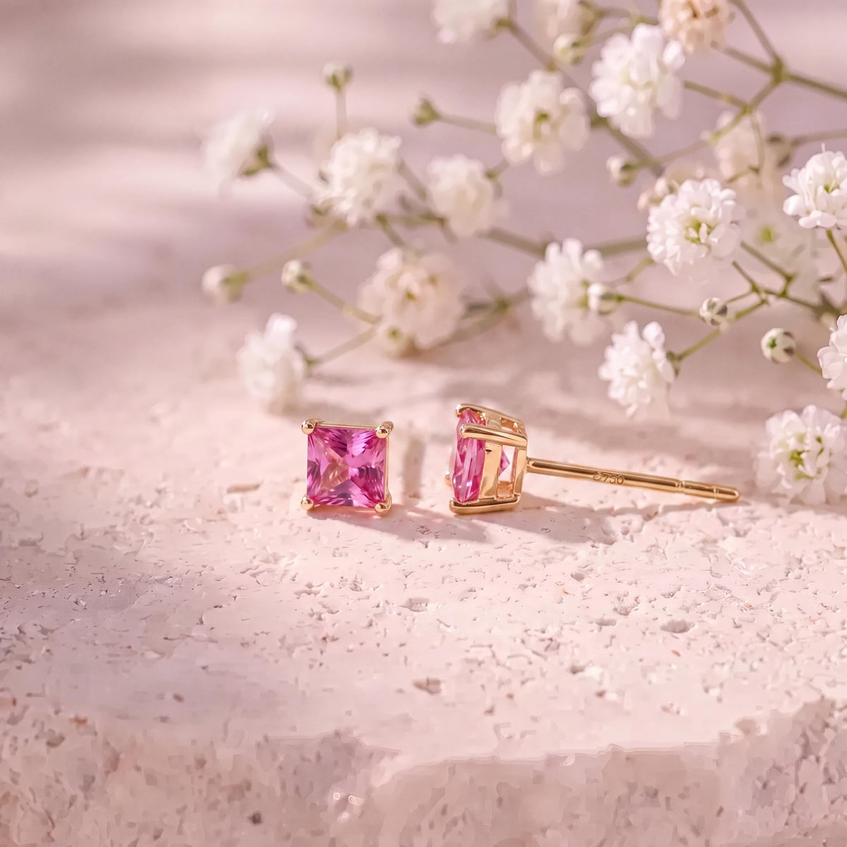 Genuine Pink Sapphire Princess Cut Stud Earrings / 18k Solid Gold / 14k Solid Gold