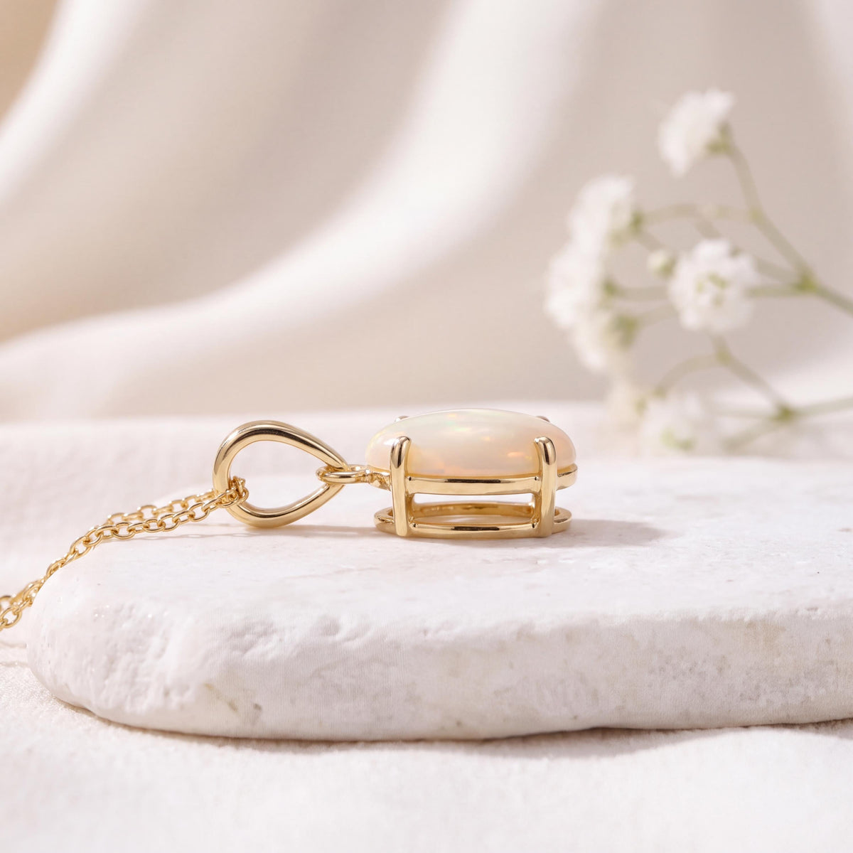 Genuine Oval Cut Opal Pendant | 14k Solid Gold