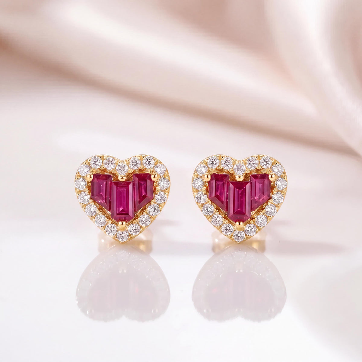 Genuine Ruby and Diamond Heart Earrings in 14k Solid Gold