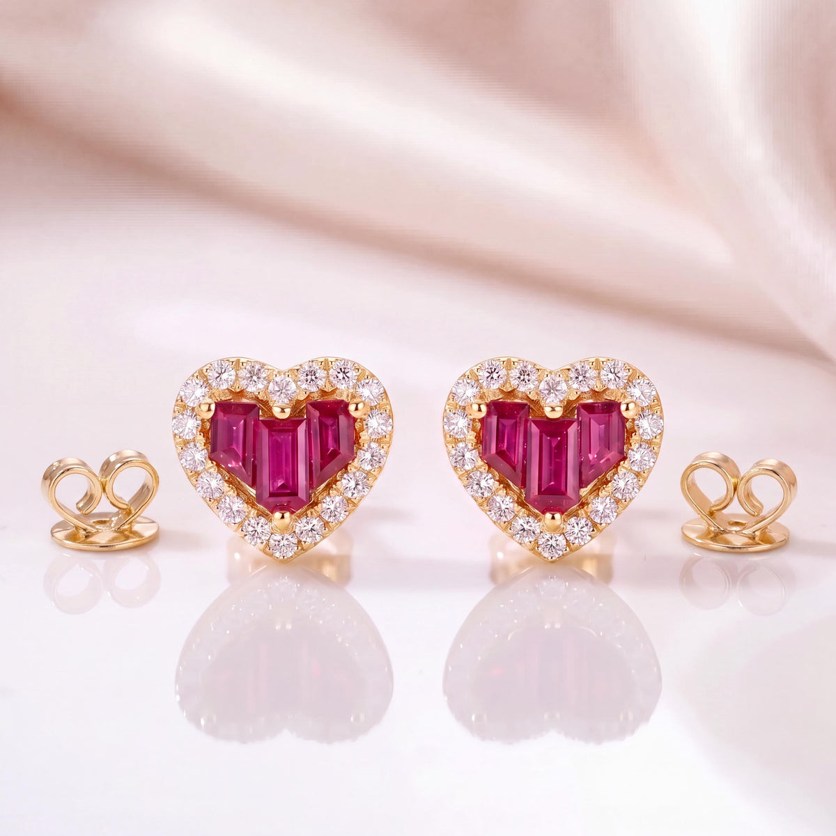 Genuine Ruby and Diamond Heart Earrings in 14k Solid Gold