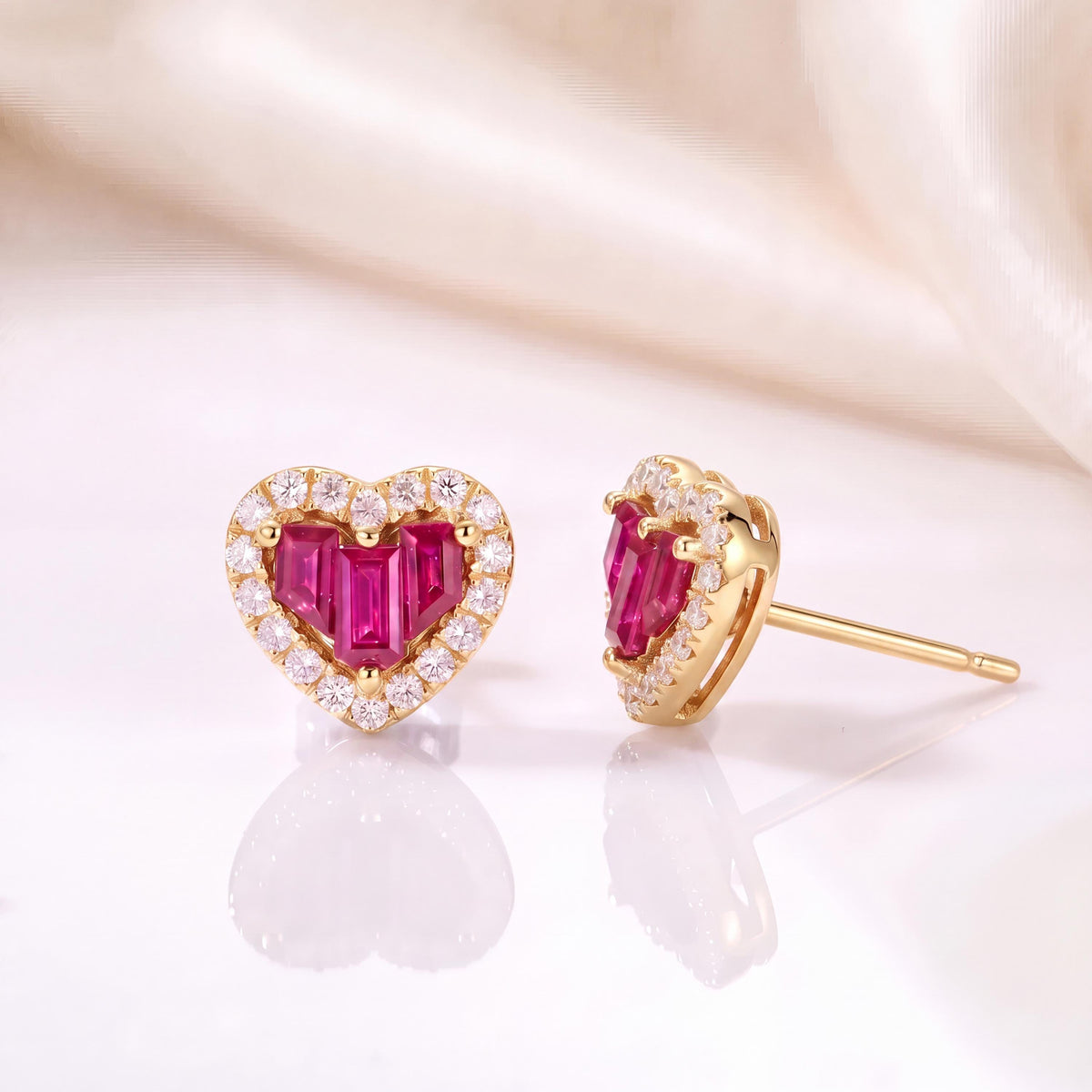 Genuine Ruby and Diamond Heart Earrings in 14k Solid Gold
