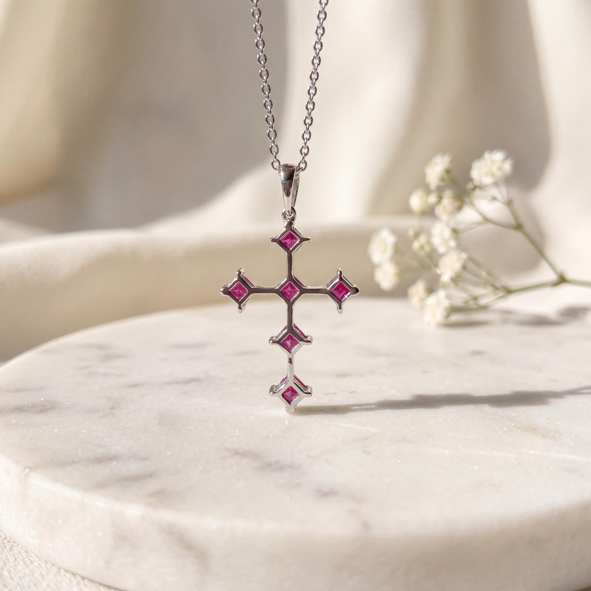 Genuine Princess Cut Ruby Cross Pendant in 18k Solid Gold