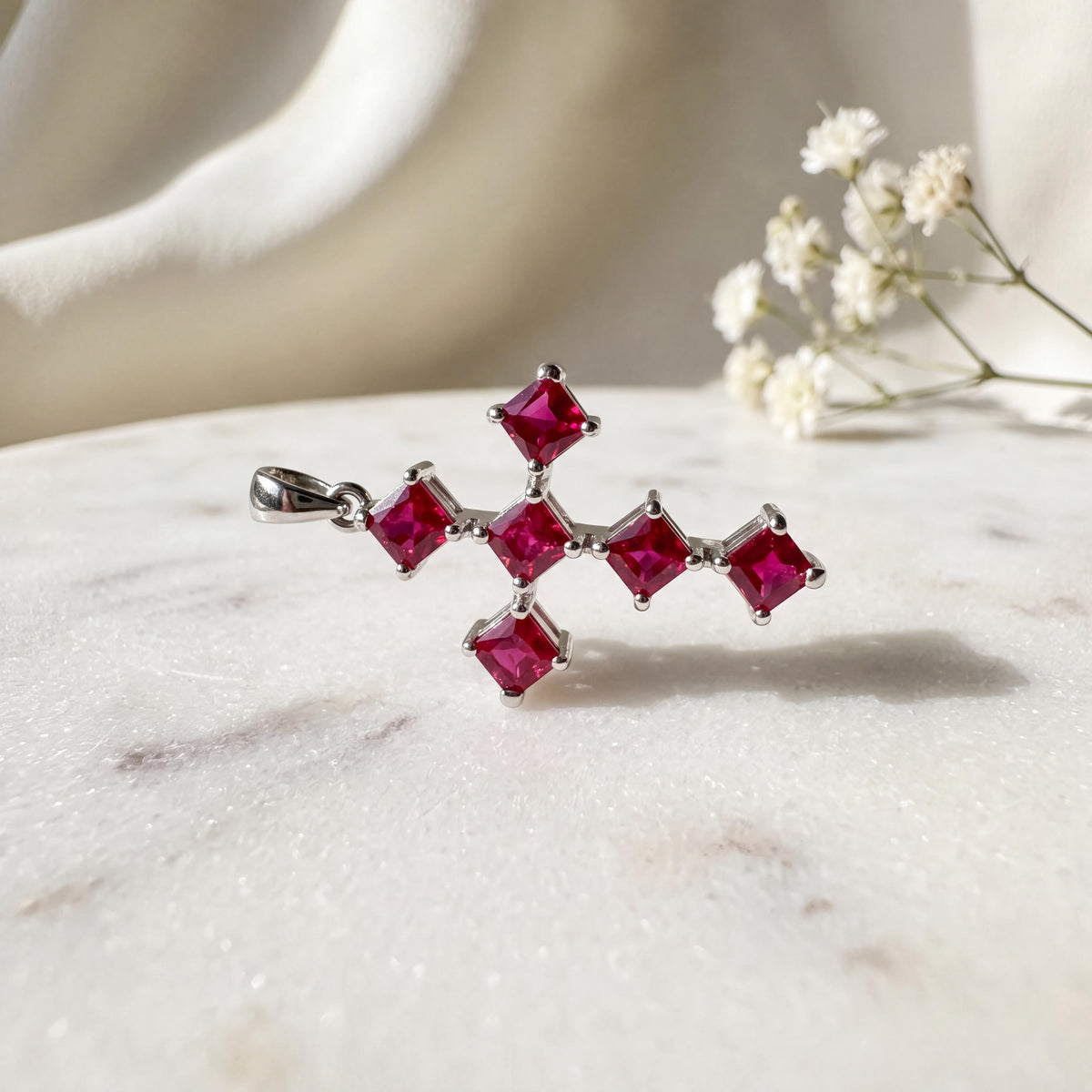 Genuine Princess Cut Ruby Cross Pendant in 18k Solid Gold