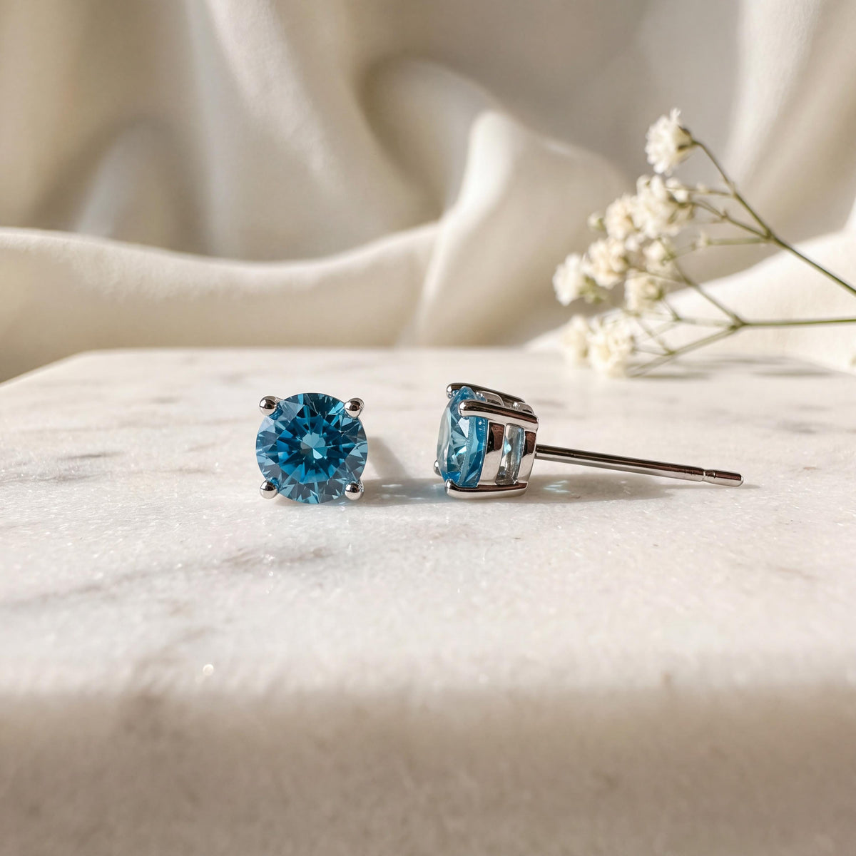 Genuine Blue Topaz 4mm Round Stud Earrings / 14k Solid Gold