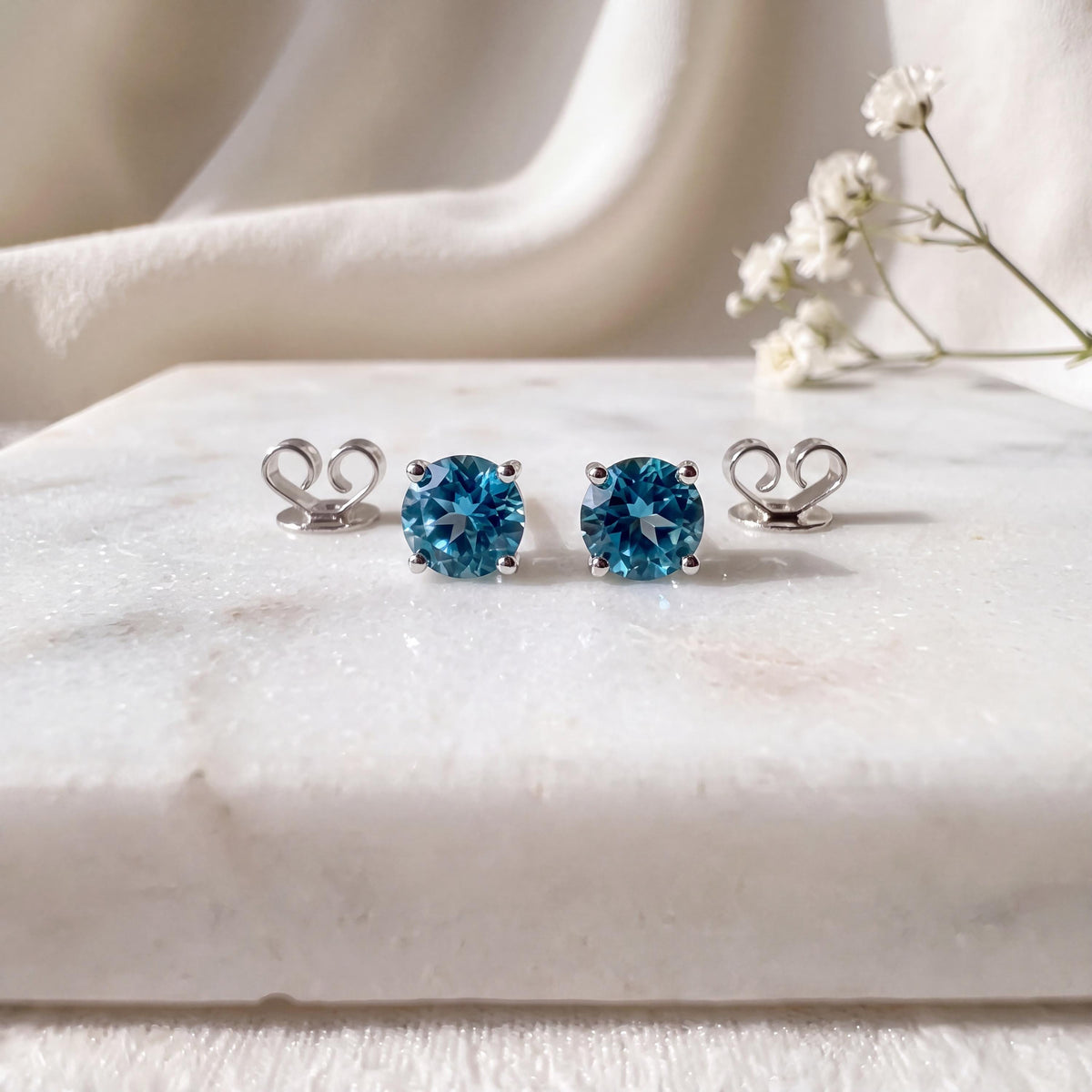Genuine Blue Topaz 4mm Round Stud Earrings / 14k Solid Gold