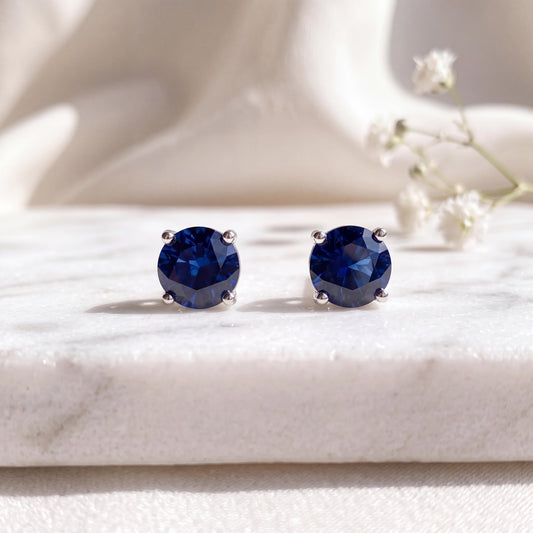 Sapphire Stud Earrings, 14k Solid Gold, Genuine 4.7mm Round Cut Solitaire, September Birthstone