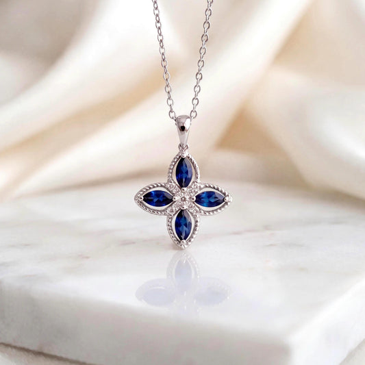 Genuine Sapphire and Diamond Star Pendant in 18k Solid White Gold