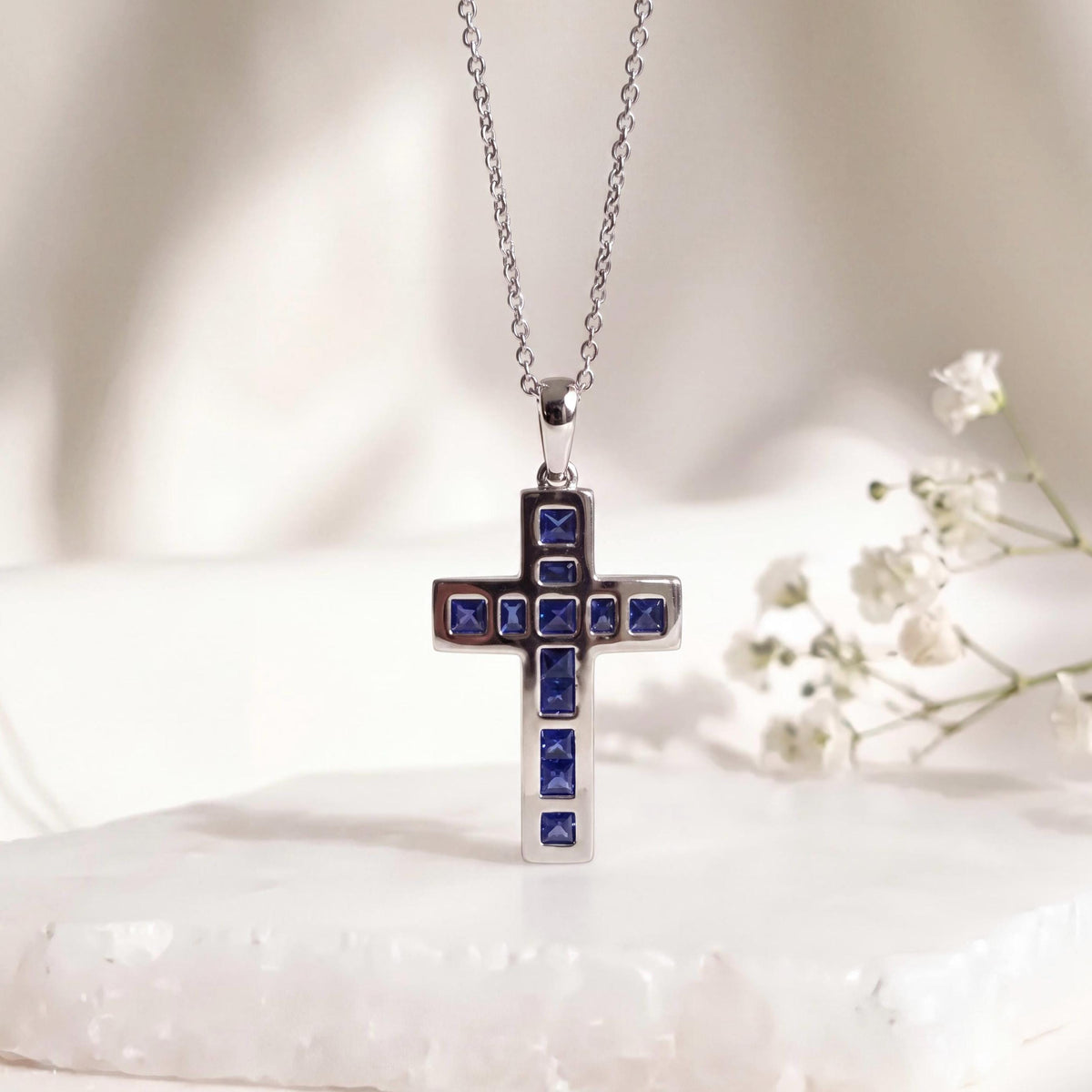 Genuine Sapphire and Diamond Tapered Cross Pendant | 14k Solid Gold