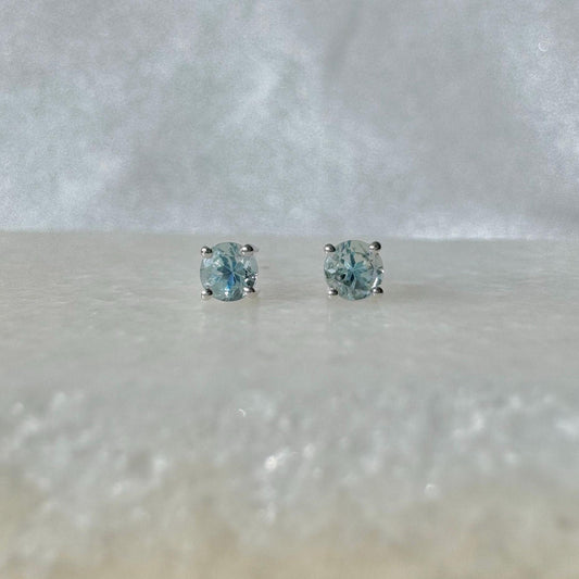 Genuine Aquamarine 3 mm Round Cut Solitaire Stud Earrings / 14k Solid Gold
