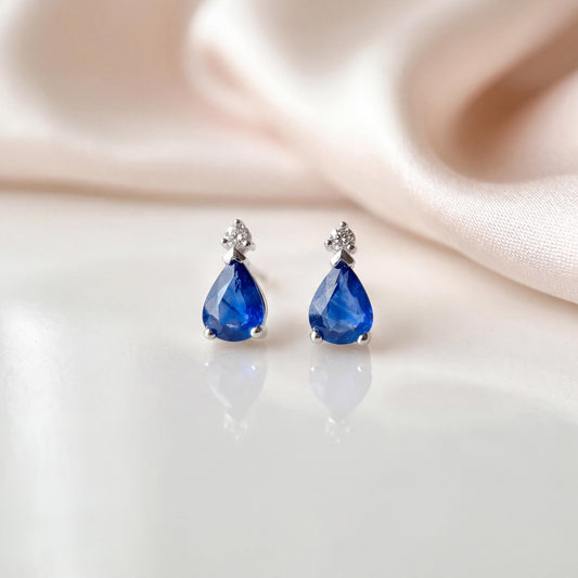 Genuine Sapphire and Diamond Teardrop Stud Earrings in 14k Solid White Gold