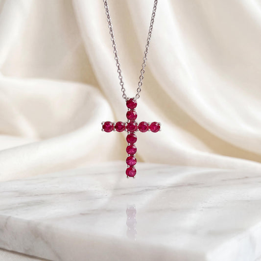 Genuine Ruby Cross Pendant in 18k Solid Gold