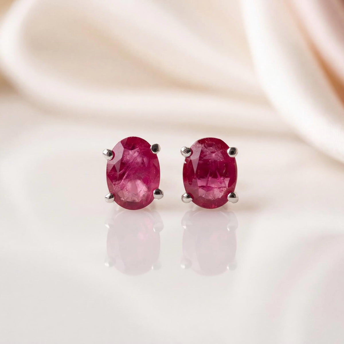 Genuine Ruby Oval Cut Stud Earrings in 14k Solid Gold