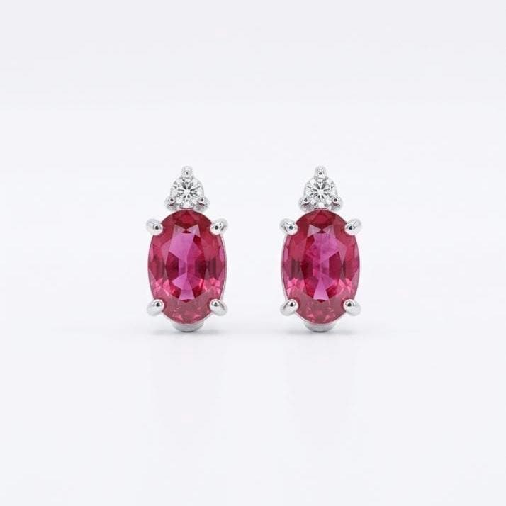 Genuine Ruby and Diamond Oval Studs / 14k Solid White Gold