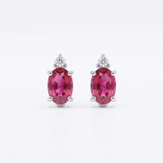 Genuine Ruby and Diamond Oval Studs / 14k Solid White Gold