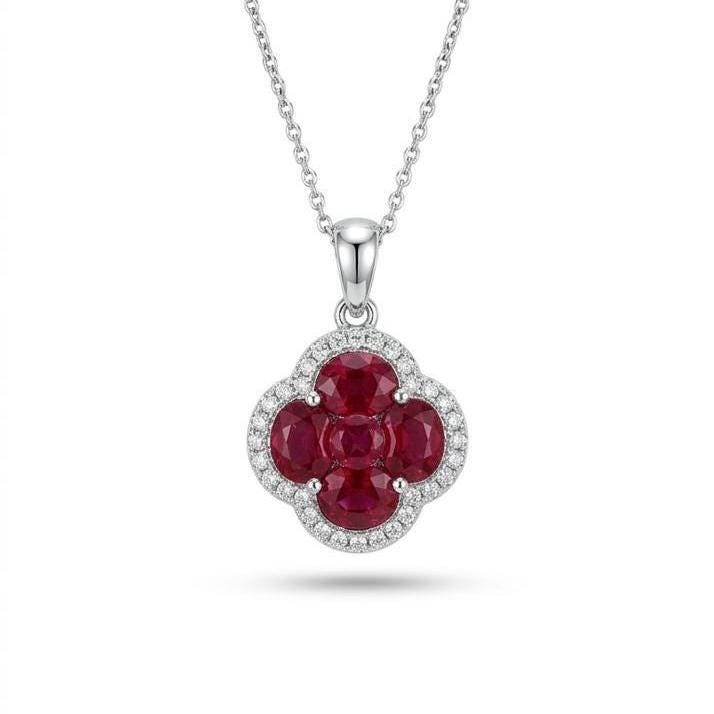 Genuine Ruby and Diamond Clover Pendant | 18k Solid White Gold