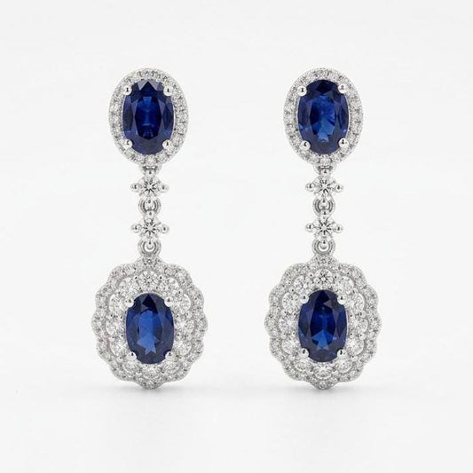 Genuine Oval Sapphires and Diamond Dangle Halo Earrings in 18k Solid White Gold