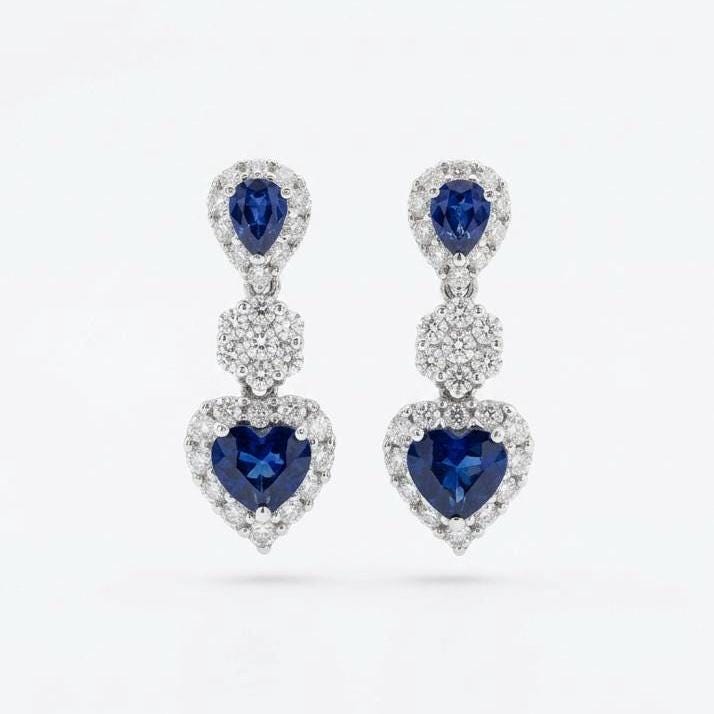 Genuine Teardrop and Heart Sapphires and Diamond Dangle Earrings in 18k Solid White Gold
