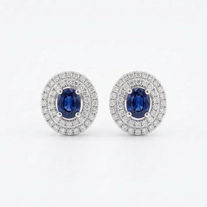 Genuine Oval Sapphire and Pavé Diamond Double Halo Earrings in 18k Solid White Gold