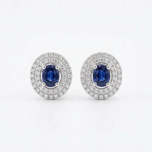 Genuine Oval Sapphire and Pavé Diamond Double Halo Earrings in 18k Solid White Gold