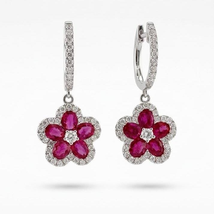 Genuine Ruby and Diamond Flower Huggies in 18k Solid White Gold