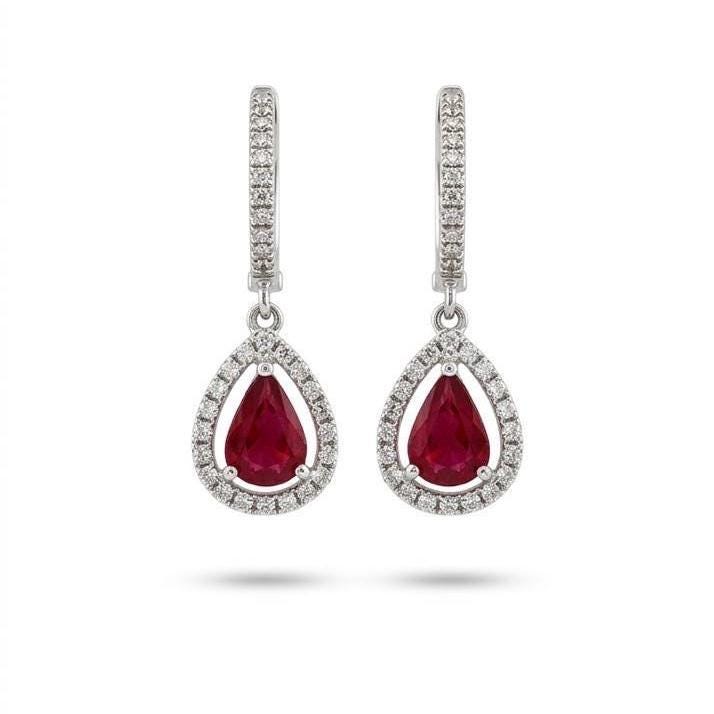 Genuine Teardrop Ruby and Diamond Huggies | 18k Solid White Gold